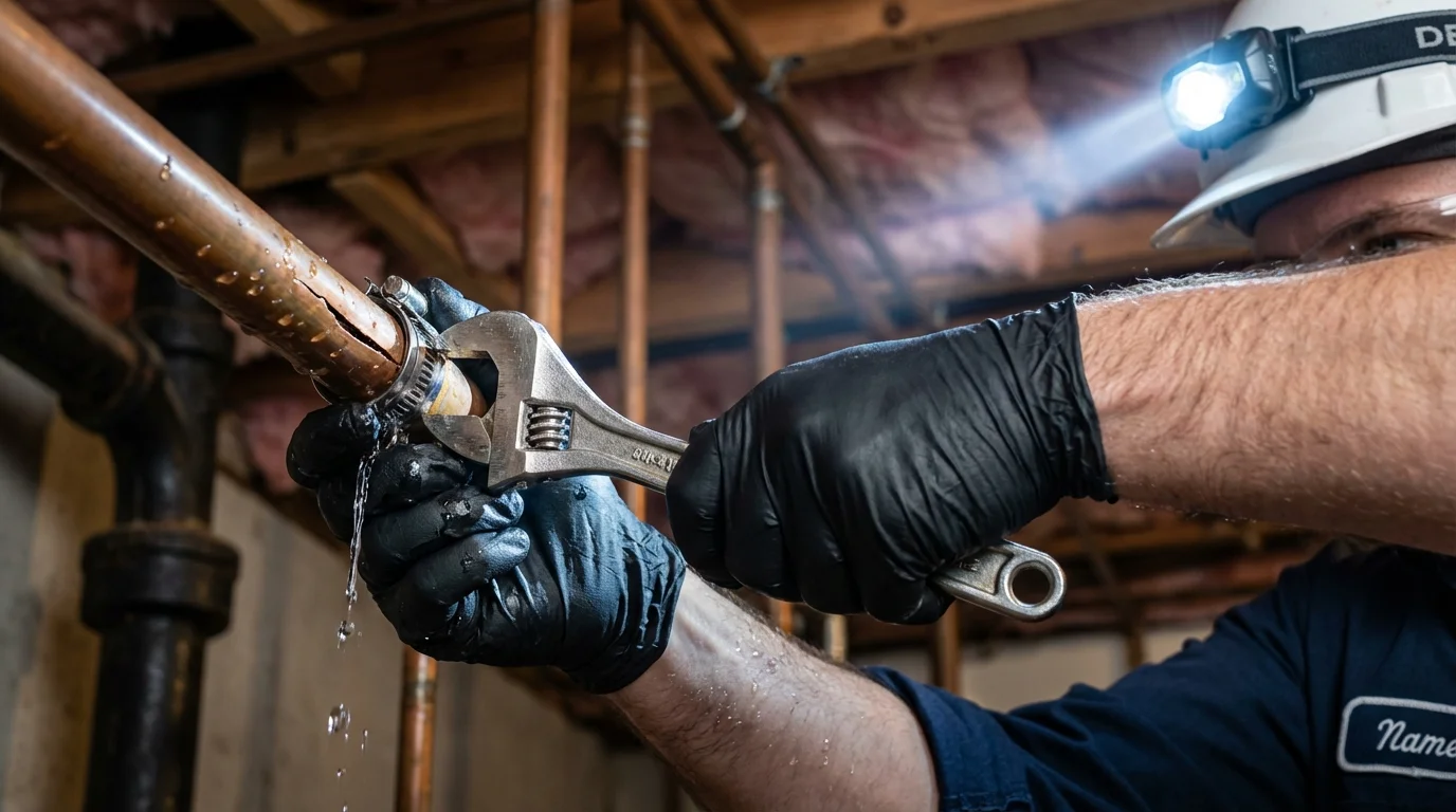 Emergency pipe clamp repair being performed by a Johns Plumbing LLC plumber in Houck