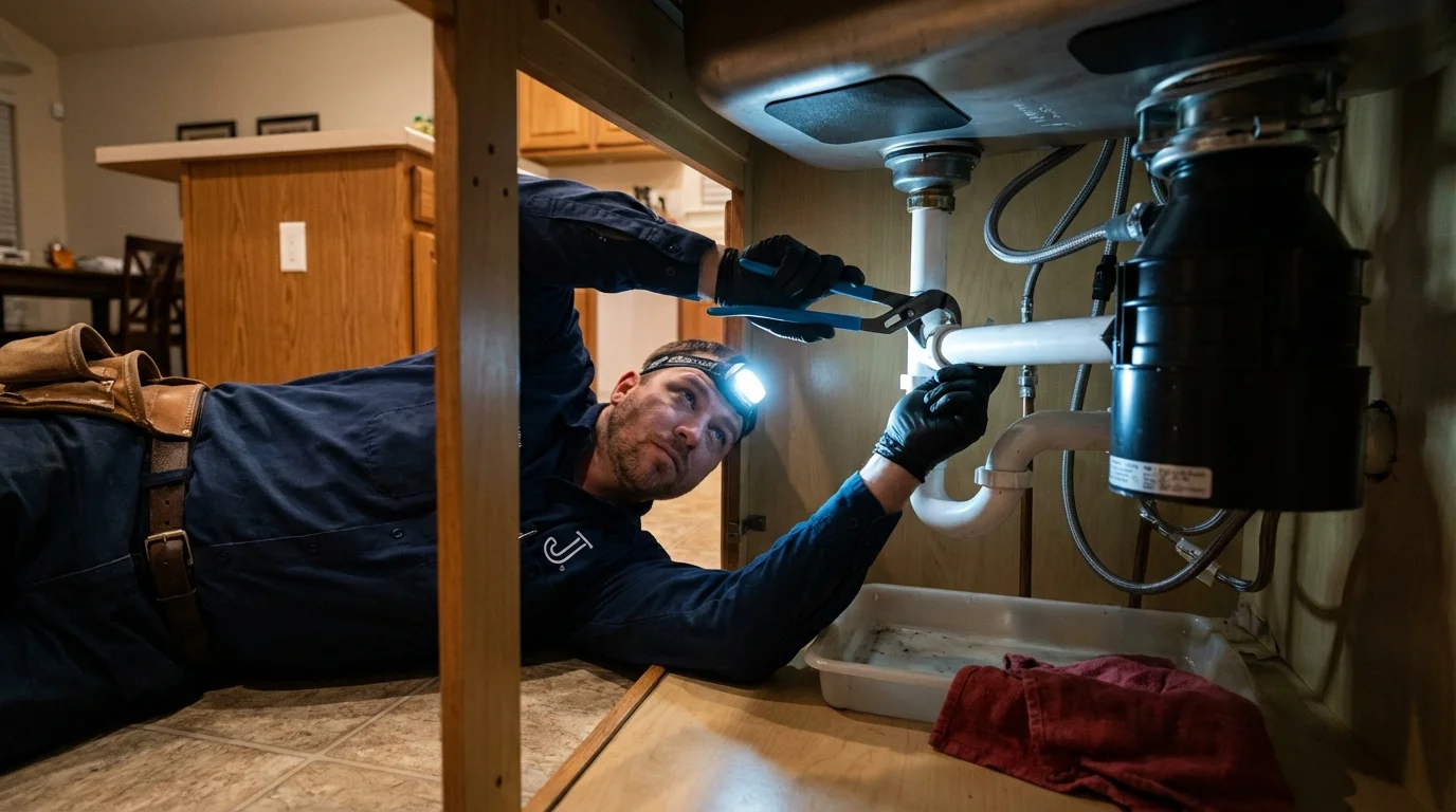 P-trap and supply line connections under a kitchen sink showing a common leak point in Houck, AZ